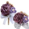 Korean style wedding corsage and wrist flower set with purple fabric roses and silver bows - Boutonniere and Wrist Corsage Set / Taro Purple and Medium Purple