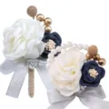 Wedding groom boutonniere artificial flower corsage set with pearls and silver ribbon bows. - Boutonniere and Wrist Corsage Set / Milk White and Navy Blue