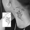 Adesivo per tatuaggio temporaneo luna e fiore, design line art nero per collo o orecchio. - HS094