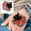 Black cat rose temporary tattoo sticker hand art body waterproof floral design decal for women - HA027