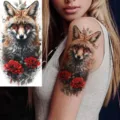 Stunning realistic fox and red rose temporary tattoo sticker waterproof body art for arm. - NZ1250 / 19.8x9.6CM