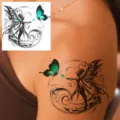 Temporary tattoo sticker with fairy and butterfly design, waterproof body art variant. - HA072 / 8x8cm