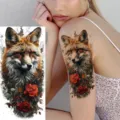 Waterproof temporary tattoo sticker featuring realistic fox and red rose floral design for arm. - NZ1251 / 19.8x9.6CM