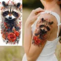 Waterproof watercolor raccoon and red rose temporary tattoo sticker for arm and leg decor. - NZ1252 / 19.8x9.6CM