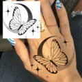 Butterfly crescent temporary tattoo sticker for hand, minimalist black line art design. - HA078 / 8x8cm
