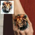 Watercolor lion temporary tattoo sticker for hand back, realistic animal art design. - HA031