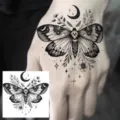 Temporary tattoo sticker featuring moth, moon, stars and floral design for hand or body art. - HA081 / 8x8cm