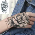 Black and white rose temporary tattoo sticker, realistic floral body art for hand or neck. - HL103 / 12x8cm