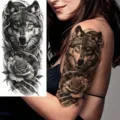 Adesivo temporaneo tatuaggio lupo rosa realistico nero grigio arte corpo braccio gamba - Adesivo per Tatuaggio Lupo della Foresta e Rosa (NZ092) / 19.8x9.6CM
