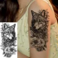 Waterproof temporary wolf flower tattoo sticker for arm and leg, realistic black floral art. - Forest Wolf and Peony Rose Tattoo Sticker (NZ556) / 19.8x9.6CM