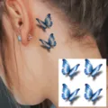 Blue butterfly temporary tattoo sticker for neck and ear, waterproof body art transfer decal. - HA178 / 8x8cm