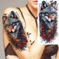 Forest wolf temporary tattoo sticker with autumn leaves design for arm and leg decor. - Forest Wolf and Autumn Leaves Tattoo Sticker (NZ557) / 19.8x9.6CM