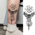 Adhesivo de tatuaje temporal de tótem de brújula de boceto en blanco y negro para brazo pierna - 15x7CM / Estilo FO227