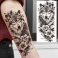 Wolf Peony Temporary Tattoo Sticker Arm Leg Body Art Waterproof Black Sketch Design - Forest Wolf and Peony Tattoo Sticker (NZ558) / 19.8x9.6CM