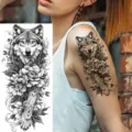 Wolf Peony Temporary Tattoo Sticker Body Art Arm Leg Realistic Black White Design - Forest Wolf and Peony Tattoo Sticker (NZ559) / 19.8x9.6CM