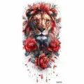 Watercolor lion rose temporary tattoo sticker for arm, waterproof body art design. - Lion and Rose (NZ910)