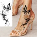 Butterfly floral temporary tattoo sticker, fashion black line art ankle body art design. - Monochrome Butterfly Floral Style (FO022) / 15x7CM