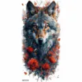 Watercolor wolf temporary tattoo sticker with red roses, perfect for arm art decor. - Wolf and Rose (NZ1219)