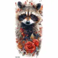 Watercolor raccoon temporary tattoo sticker with autumn leaves and red roses for arm art. - Raccoon and Rose (NZ1252)