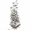 Black grey sketch tattoo sticker featuring blooming flowers and flying birds from an open book. - Book Floral and Bird Style (NZ691) / 19.8x9.6CM