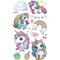 Bonita hoja de tatuajes temporales de unicornio con arcoíris coloridos para niños. - Patrón CD081 / 12x6.8cm
