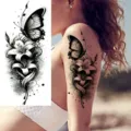 Black and white butterfly lily temporary tattoo sticker for arm body art waterproof design. - Butterfly and Lily Style (NZ510) / 19.8x9.6CM