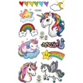 Hoja de tatuajes temporales de unicornio lindo con arcos iris coloridos y estrellas. - Patrón CD082 / 12x6.8cm