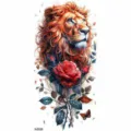 Watercolor lion rose temporary tattoo sticker for arm body art, stunning animal design variant. - Lion and Flowers (NZ636)