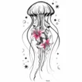 Waterproof temporary tattoo sticker featuring jelly fish and pink lilies design for body art. - FO441