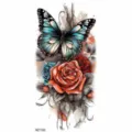 Temporary waterproof tattoo sticker featuring blue butterfly and red roses for body art. - Gradient Blue Butterfly Rose Style (NZ1155) / 19.8x9.6CM