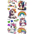 Lindo tatuaje temporal de unicornio de dibujos animados con arco iris y muchas estrellas. - Patrón CD086 / 12x6.8cm