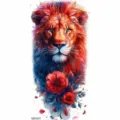 Watercolor lion and red flower temporary tattoo sticker, colorful arm body art design. - Lion and Red Flower (NZ1217)