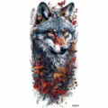 Watercolor wolf temporary tattoo sticker, autumn leaves and floral design for arm art. - Wolf and Autumn Leaves (NZ557)