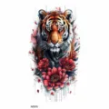 Watercolor tiger temporary tattoo sticker featuring floral design for arm body art. - Tiger and Red Flower (NZ575)