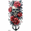 Temporary tattoo sticker with skull, red roses, and anchor design for arms and body art. - Skull Rose Anchor Style (NZ1270) / 19.8x9.6CM