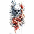 Waterproof temporary tattoo sticker with cool watercolor skull and floral design art. - Skull and Flowers (NZ547)