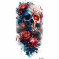 Watercolor skull and red roses temporary tattoo sticker for arm, gothic body art design. - Skull and Red Rose (NZ1186)