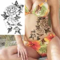 Tatuaggio temporaneo con bellissimo design floreale di peonia nera per vita e addome. - LZ149