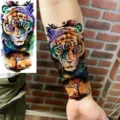 Adesivo per tatuaggio temporaneo impermeabile con tigre acquerello colorata e tramonto albero. - WZ003 / 19.5x9.5cm
