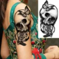 Adesivo tatuaggio temporaneo teschio rosa farfalla croce braccio arte corpo impermeabile - XZ090 (Teschio Farfalla)