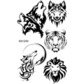 Hoja de pegatinas de tatuaje temporal de lobo león tigre tribal en blanco y negro. - Cabezas de Animales Salvajes(SS1249)