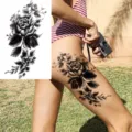 Adesivo tatuaggio temporaneo rosa nera per gamba e braccio, design artistico floreale realistico. - LZ157