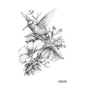 Hummingbird floral sketch tattoo sticker, black and white body art sticker variant design - SS249