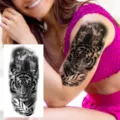 Adesivo per tatuaggio da braccio temporaneo realistico con tigre feroce e disegno di foresta - XZ103 (Tigre Foresta)
