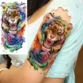 Watercolor tiger rose temporary tattoo sticker waterproof body art arm leg fake tattoo. - WZ011 / 19.5x9.5cm
