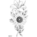 Bellissimo adesivo per tatuaggio floreale in bianco e nero con giglio e girasole. - SS721