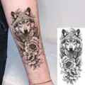 Wolf peony temporary tattoo sticker black and white arm leg body art design decal - Forest Wolf and Peony Tattoo Sticker (NZ561) / 19.8x9.6CM