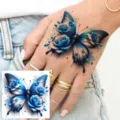 Waterproof blue butterfly rose temporary tattoo sticker for hand body art, realistic design. - HA201 / 8x8cm