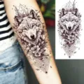 Wolf temporary tattoo sticker, geometric floral arm sticker variant for men and women. - Forest Wolf and Floral Geometric Tattoo Sticker (NZ562) / 19.8x9.6CM