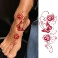 Tatuaggio temporaneo loto rosso e farfalla, elegante design in pizzo di vite per piede e mano. - Stile Loto Farfalla (FO005) / 15x7cm